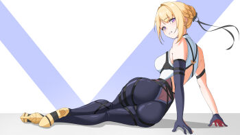 1girl absurdres arm_strap ass black_pants blonde_hair breasts chest_harness commentary elbow_gloves evelyn_chevalier gloves hair_up half_gloves harness hazeillusts high-waist_pants high_heels highres latex latex_pants long_ribbon looking_at_viewer medium_breasts on_floor pants purple_eyes ring_hair_ornament shirt simple_background single_elbow_glove single_half_glove tight_clothes tight_pants white_shirt zenless_zone_zero