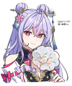 Rule 34 | 1girl, ahoge, bare shoulders, blush, breasts, bshi edayo, chinese clothes, cleavage, colored bangs, double bun, dress, flower, flower ornament, frills, hair between eyes, hair bun, hair flower, hair ornament, hair stick, hand fan, hashtag-only commentary, highres, kanzashi, kozue mone, kozue mone (1st costume), large breasts, long hair, looking at viewer, mandarin collar, multicolored dress, nijisanji, outline, paper fan, pink eyes, purple hair, purple outline, smile, tassel, uchiwa, virtual youtuber, white background, white dress