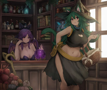2girls animal_ears apple basket belt black_bow black_choker black_shirt book bookshelf bottle bow bowchan breasts brown_belt brown_headwear cat_ears cat_girl cat_tail choker cleavage cleavage_cutout closed_mouth clothing_cutout commentary_request counter crop_top crystal_ball curvy day demon_girl demon_wings elbow_carry expressionless feet_out_of_frame food fruit green_hair hair_between_eyes hair_bow hat highres holding holding_basket indoors large_breasts leannya long_bangs long_hair messy_hair midriff multiple_girls navel parted_bangs pointy_ears potion pouch pumpkin purple_eyes purple_hair purple_wings red_eyes shannon_(succubus_affection) shirt shop sleeveless sleeveless_shirt standing succubus_affection tail thick_thighs thighs treasure_chest wide_hips window wings witch_hat