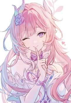 Rule 34 | 1girl, ameshi0227, bare shoulders, breasts, cyrene (honkai: star rail), cyrene (ripples of past reverie) (honkai: star rail), dress, flower, hair flower, hair ornament, highres, honkai: star rail, honkai (series), large breasts, long hair, looking at viewer, one eye closed, pink hair, smile, solo, twitter username, white dress