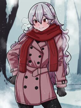 Rule 34 | 1girl, bare tree, black gloves, black pants, blush, breath, closed mouth, coat, commentary, english commentary, female corrin (fire emblem), fire emblem, fire emblem fates, gloves, grey hair, hair between eyes, highres, long hair, long sleeves, mnejing30, nintendo, outdoors, pants, pointy ears, red coat, red eyes, red scarf, scarf, smile, snow, solo, tree
