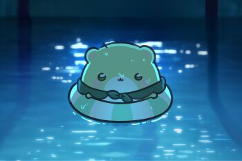 chico_(yuzuha_riko) commentary_request creature highres i&#039;ll_teach_you_everything_(chainsaw_man) innertube korean_commentary no_humans on_innertube parody pool stellive swim_ring water water_drop yuiyo