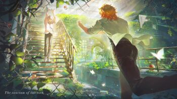 2boys absurdres alternate_costume antenna_hair arm_tattoo ball basketball_(object) black_choker black_shirt blonde_hair blue_eyes blue_necktie braid can chinese_commentary choker chrysos_heirs_school_uniform collared_shirt commentary_request drink_can gradient_hair highres honkai:_star_rail honkai_(series) looking_at_another male_focus medium_hair moss multicolored_hair multiple_boys mydei_(honkai:_star_rail) necktie on_stairs open_clothes open_shirt parted_bangs phainon_(honkai:_star_rail) plant red_hair red_tattoo school_uniform shirt shoes short_hair side_braid sleeves_rolled_up sunlight tattoo white_hair white_shirt white_shoes window yixi5680