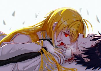 1boy 1girl ahoge archetype_earth arcueid_brunestud bare_shoulders bite_mark bite_mark_on_neck biting black_hair blonde_hair blood colored_sclera falling_petals fang fate/grand_order fate_(series) femdom fujimaru_ritsuka_(male) girl_on_top gloves gold_trim gudagudaman hair_between_eyes hair_intakes hair_over_one_eye hand_on_another's_shoulder highres long_hair looking_at_another mystic_eyes_of_enchantment neck_biting petals red_sclera smile steam surprised vampire white_gloves wide-eyed yandere yellow_eyes
