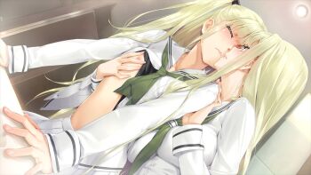 1boy 1girl bishoujo_mangekyou blonde_hair blush breasts brother_and_sister closed_eyes closed_mouth game_cg green_eyes groping happoubi_jin hetero incest kannagi_yuuma kannagi_yuuri large_breasts long_hair nipples open_mouth school_uniform siblings trap twins