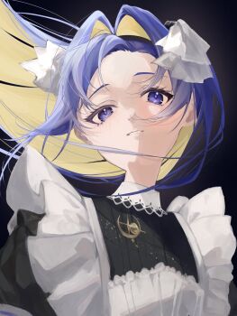1girl apron black_background black_dress blonde_hair blue_eyes blue_hair colored_inner_hair dress floating_hair frilled_apron frills grin hair_intakes highres long_hair looking_at_viewer mugisoba multicolored_hair portrait reverse:1999 school_uniform smile solo soviet_school_uniform very_long_hair voyager_(reverse:1999) white_apron