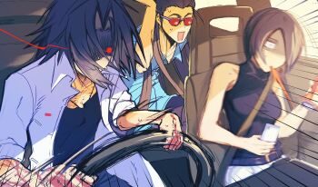 Rule 34 | 1girl, 2boys, akatsuki (akatsuki en-eins), akatsuki blitzkampf, breasts, car interior, cellphone, commentary, covered eyes, driving, en-eins kanzen sekai, english commentary, highres, kanae (akatsuki en-eins), large breasts, multiple boys, phone, sai (akatsuki en-eins), saliva, smartphone, sora (zombiebathwater), sunglasses, surprised, sweat, tomboy