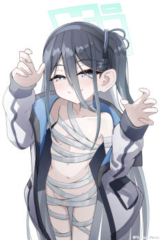 1girl aqua_halo aris_(blue_archive) artist_name bandages black_hair blue_archive blue_eyes blush breasts claw_pose closed_mouth commentary hair_between_eyes halo hands_up highres jacket loli long_hair looking_at_viewer minto_yupo naked_bandage navel one_side_up rectangular_halo simple_background small_breasts smile solo very_long_hair white_background white_jacket