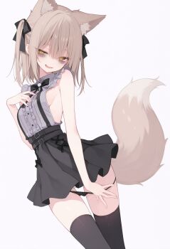 1girl animal_ears bags_under_eyes bare_shoulders black_skirt black_thighhighs breasts brown_hair female_focus fox_ears fox_tail hair_intakes highres looking_at_viewer medium_hair non-web_source panties removing_panties sideboob simple_background skirt small_breasts smile smirk solo tagme tail thighhighs twintails underwear white_background yellow_eyes