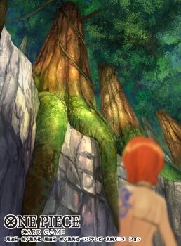 1girl arm_tattoo back bikini commentary_request copyright_name forest ichimaru_kisuke nami_(one_piece) nami_(one_piece)_(skypiea) nature official_art one_piece one_piece_card_game orange_hair plant_roots short_hair skypiea swimsuit tattoo tree upper_body