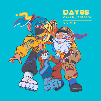 1boy 1girl aqua_background aqua_hair arm_behind_back artist_name bandeau beard black_hair blonde_hair blue_boots boots brown_helmet brown_jacket brown_pants canari_(pokemon) character_name colored_eyelashes commentary_request dark-skinned_female dark-skinned_male dark_skin facial_hair full_body grandfather_and_granddaughter helmet highres holding holding_poke_ball jacket jep5e long_sleeves mask mega_stone midriff mismatched_eyelashes mouth_mask multicolored_hair multicolored_pants mustache navel nintendo one_eye_closed open_clothes open_jacket pants poke_ball pokemon pokemon_legends:_z-a quick_ball repeat_ball shoes simple_background split-color_clothes split-color_hair standing tarragon_(pokemon) twintails two-tone_mask white_hair white_shoes yellow_bandeau yellow_jacket