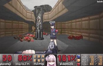 2girls 3d_background absurdres armband artist_name black_hair black_jacket black_skirt blood blue_archive corpse doom_(series) doom_i english_text fake_screenshot game_screenshot_background gun hair_bun hair_over_eyes halo handgun heads-up_display highres holding holding_gun holding_weapon imp_(doom) indoors jacket kai_xin lanchester_smg long_hair long_sleeves mika_(blue_archive) miniskirt multiple_girls necktie pile_of_corpses pink_hair pleated_skirt pov prefect_team_member_(blue_archive) red_armband red_necktie screenshot_background short_hair single_side_bun skirt skull submachine_gun user_interface weapon zombieman_(doom)