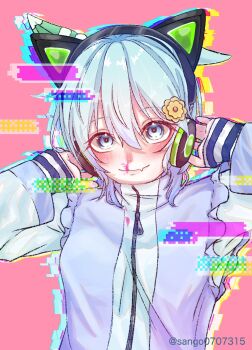 1girl animal_ear_headphones animal_ears blood blue_eyes blue_hair blue_jacket breasts closed_mouth ear_covers fake_animal_ears fang floating_hair glitch grey_hair hair_between_eyes hands_up headphones highres horse_ears horse_girl jacket long_sleeves looking_at_viewer multicolored_hair nosebleed pink_background pink_blood sango0707315 seiun_sky_(umamusume) short_hair simple_background single_ear_cover single_ear_down skin_fang sleeves_past_wrists small_breasts smile solo track_jacket umamusume