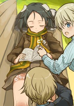 3girls animal_ears back bench black_hair black_jacket blonde_hair blue_eyes blue_sweater book brave_witches brown_hair brown_jacket dog_ears highres holding jacket kanno_naoe looking_at_another lying military_uniform multiple_girls murayama_kei nikka_edvardine_katajainen no_pants open_mouth outdoors park_bench scarf short_hair sleeping striped_clothes striped_scarf sweater waltrud_krupinski world_witches_series