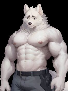 1boy abs animated animated_gif bara bing_ya cowboy_shot fighting large_pectorals lowres male_focus muscular muscular_male navel navel_hair nervous nipples original pants pectorals short_hair shy solo standing stomach strongman_waist topless_male transparent_background wolf_boy