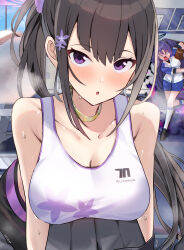 2girls :o alternate_costume ball bare_shoulders baseball_(object) baseball_glove baseball_jersey black_hair black_halo black_pants black_shoes blue_archive blue_shorts blush breasts choker cleavage collarbone commentary_request flower green_choker gym hair_between_eyes hair_flower hair_ornament hair_scrunchie halo highres indoors jersey kneehighs large_breasts long_hair looking_at_viewer mi_taro333 midriff multiple_girls open_mouth pants ponytail purple_eyes purple_hair purple_halo purple_scrunchie scrunchie shirt shoes short_sleeves shorts sidelocks socks solo_focus sports_bra standing sumire_(blue_archive) sweat throwing two_side_up very_long_hair white_shirt white_socks white_sports_bra yoga_pants yuuka_(blue_archive)
