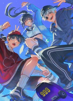 Rule 34 | 1girl, 3boys, absurdres, apple print, arm up, backwards hat, baseball cap, black eyes, black hair, black hat, black pants, black shoes, blue jacket, blue shorts, charm (object), chibi on shoulder, commentary, crop top, eyepatch, food print, fruit print, hat, highres, jacket, jumping, kim namwoon, lee gilyoung, lee jihye, leg warmers, multiple boys, omniscient reader's viewpoint, open mouth, pants, papercider, ponytail, red eyes, red hat, red shirt, shirt, shoes, shorts, skateboard, smile, striped clothes, striped leg warmers, striped pants, symbol-only commentary, white hair, white leg warmers, white shirt, yoo joonghyuk