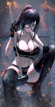 1girl absurdres areola_slip black_hair black_panties black_thighhighs boots breasts cleavage glasses gloves hammer highres large_breasts legs_apart lingerie long_hair minakata_hizuru panties ponytail purple_eyes solo summertime_render thigh_boots thighhighs thighs toilet underwear yyfuu