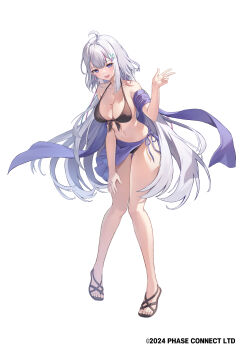 1girl bare_shoulders bikini black_bikini blue_eyes breasts cleavage commentary ember_amane full_body greenapple grey_hair highres large_breasts long_hair looking_at_viewer mole mole_on_breast navel official_art open_mouth phase_connect sandals simple_background solo standing swimsuit v virtual_youtuber white_background