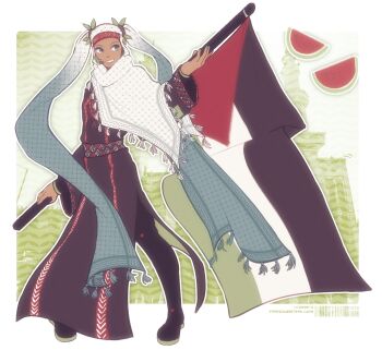 Rule 34 | 1girl, aqua hijab, aqua scarf, artist name, barcode, black boots, boots, commentary, dark-skinned female, dark skin, english commentary, flag, food, fruit, full body, hand up, hatsune miku, highres, hijab, hijab as hair, knee boots, long sleeves, looking to the side, islam, palestine, palestinian clothes, palestinian flag, parted lips, pelvic curtain, ryouichii, scarf, simple background, smile, solo, standing, twintails, vocaloid, watermelon, watermelon slice, wide sleeves, worldwide miku