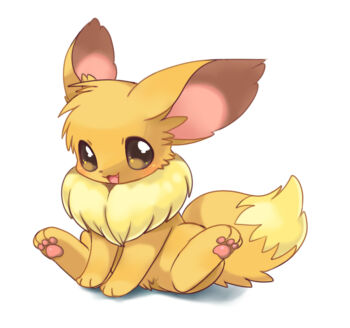 :3 :d animal_focus blush brown_eyes choko_(sweetpocket) commentary eevee fang fluffy full_body gen_1_pokemon highres light_blush looking_at_viewer nintendo no_humans open_mouth pawpads pokemon pokemon_(creature) pokemon_focus simple_background sitting smile solo tachi-e white_background