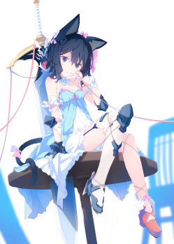 1girl 1other absurdres alternate_costume animal_ears armor asymmetrical_footwear asymmetrical_gloves asymmetrical_legwear bare_shoulders black_eyes black_hair black_shoes black_tail blue_dress breasts cat_ears cat_girl cat_tail collar detached_collar dress elbow_pads fran_(tensei_shitara_ken_deshita) frills full_body garter_straps gloves hair_ornament hand_up head_tilt high_heels highres huge_weapon knee_pads knee_up living_weapon looking_at_viewer on_table open_mouth oversized_object pink_ribbon pinky_out red_shoes ribbon ruroo shishou_(tensei_shitara_ken_deshita) shoes short_hair simple_background single_thighhigh sitting sleeveless spaghetti_strap strap_slip string string_around_finger string_of_fate sword table tail tail_ornament tail_ribbon tensei_shitara_ken_deshita thighhighs two-tone_dress weapon white_background white_dress wooden_table