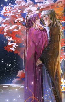 Rule 34 | 2girls, absurdres, aeferjam, alternate costume, blood, blood on face, brown jacket, chinese clothes, commentary, commission, english commentary, grey hair, hair ornament, hand on another's face, hanfu, highres, honkai: star rail, honkai (series), jacket, kafka (honkai: star rail), multiple girls, ponytail, purple hair, purple jacket, red leaf, red nails, second-party source, stelle (honkai: star rail), trailblazer (honkai: star rail), tree, white hanfu, yuri