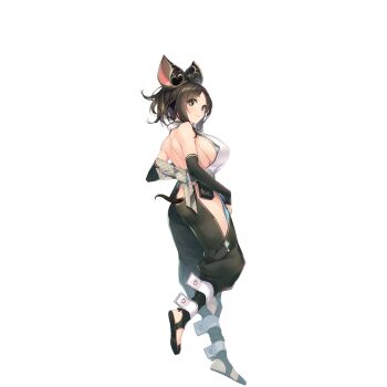 1girl bare_back bow breasts brown_eyes brown_hair clothing_cutout elbow_gloves full_body gloves hair_bow highres hip_vent huge_breasts large_breasts looking_at_viewer mitsumi_misato non-web_source official_art photoshop_(medium) sandals short_hair sideboob small_tail smile solo utawarerumono utawarerumono:_lost_flag