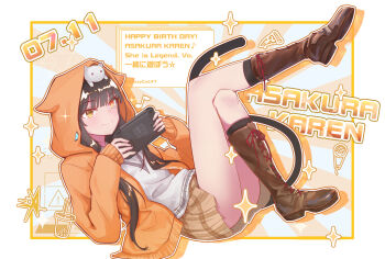 Rule 34 | asakura karen (heaven burns red), black hair, cat tail, commentary request, convenient censoring, crazycat47, english text, handheld game console, happy birthday, heaven burns red, heterochromia, highres, hood, hoodie, low twintails, lying, musical note, nintendo switch, on back, orange eyes, orange hoodie, star (symbol), tail, thighhighs, twintails, yellow eyes