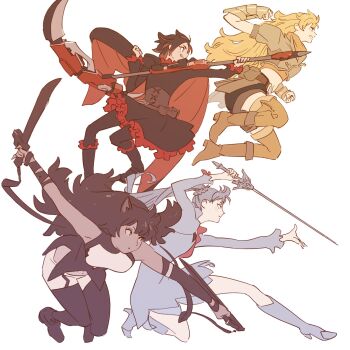 4girls 55bata6rou animal_ears black_boots black_dress black_hair black_thighhighs blake_belladonna blonde_hair boots breasts cape cat_ears crescent_rose dress dual_wielding dynamic_pose ember_celica_(rwby) fighting_stance floating_hair from_side full_body gambol_shroud gauntlets grey_boots grey_dress grey_hair high_heels highres holding holding_scythe holding_sword holding_weapon jumping long_hair long_sleeves looking_ahead medium_breasts multiple_girls myrtenaster profile red_cape red_hair ruby_rose rwby scythe short_hair simple_background smile sword thighhighs weapon weiss_schnee white_background yang_xiao_long
