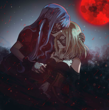 2girls ascot bang_dream! bang_dream!_it&#039;s_mygo!!!!! black_ascot black_gloves black_ribbon blonde_hair blue_hair closed_eyes closed_mouth clothing_cutout collar corset cradling_head doloris_(bang_dream!) dress gloves hair_ribbon highres holding_hands long_hair mask medium_hair misumi_uika moon multiple_girls oblivionis_(bang_dream!) open_mouth red_dress red_moon red_shirt ribbon seine_(hanamukes) shirt short_sleeves shoulder_cutout sidelocks togawa_sakiko yuri