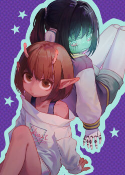 2girls absurdres alien antennae aqua_eyes aqua_outline back-to-back bare_shoulders black_hair bob_cut bright_pupils brown_eyes brown_hair closed_mouth colored_skin enip_o from_above highres jacket joints knee_up kujo_chiharu kurusu_makina_(milky_galactic_universe) letterman_jacket long_pointy_ears long_sleeves looking_at_viewer mechanical_hands milky_subway multicolored_eyes multiple_girls off-shoulder_sweater off_shoulder outline pink_eyes pink_skin pointy_ears print_sweater purple_background raised_inner_eyebrows robot_girl robot_joints short_hair shorts sitting star_(symbol) sweater twintails two-tone_eyes white_pupils white_sweater