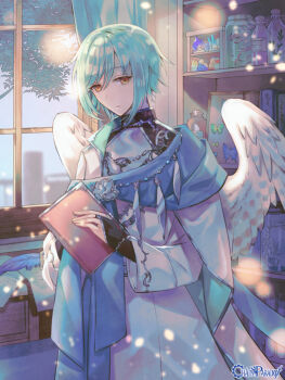 1boy aqua_cape aqua_hair black_bridal_gauntlets black_shirt blue_butterfly blue_feathers blue_scarf bone book bookshelf bottle bridal_gauntlets brooch bug butterfly cape chain_paradox clona closed_mouth coat copyright_name cowboy_shot crystal curtains day expressionless feathered_wings feathers fish_skeleton framed_insect hair_between_eyes holding holding_book indoors insect iridescent jar jewelry lapels light_particles long_sleeves looking_at_viewer male_focus muntins off_shoulder orange_eyes paper plume quill scarf shirt short_hair sidelocks solo standing sweater_guard test_tube test_tube_rack tree two-sided_cape two-sided_fabric white_cape white_coat white_wings window wings