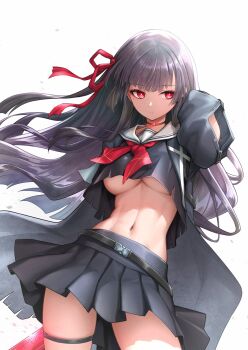 1girl abs arm_cutout arm_up black_choker black_hair black_jacket black_shirt black_skirt breasts chisa_(wuthering_waves) choker closed_mouth clothing_cutout commentary cowboy_shot crop_top hair_ribbon highres holding holding_behind_back holding_weapon holding_weapon_behind_back jacket linea_alba long_hair long_sleeves mole mole_under_eye navel neckerchief no_bra red_eyes red_neckerchief red_ribbon ribbon royboy sailor_collar shirt simple_background skirt solo stomach thigh_strap thighs underboob weapon white_background white_sailor_collar wind wuthering_waves