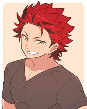 Rule 34 | 1boy, aopanda, black hair, clenched teeth, commentary, ear piercing, earrings, ensemble stars!, green eyes, jewelry, kiryu kuro, looking at viewer, male focus, multicolored hair, piercing, red hair, short hair, short sleeves, simple background, smile, solo, streaked hair, stud earrings, teeth, two-tone hair, upper body, v-neck