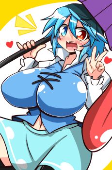 Rule 34 | 1girl, :d, ^^^, absurdres, blue eyes, blue hair, blush, breasts, collared shirt, female focus, heart, heterochromia, highres, huge breasts, impossible clothes, impossible shirt, juliet sleeves, long sleeves, matching hair/eyes, navel, open mouth, puffy sleeves, red eyes, rindou (p41neko), shirt, short hair, skirt, smile, solo, tatara kogasa, tongue, touhou, tunic, umbrella, w, wide hips