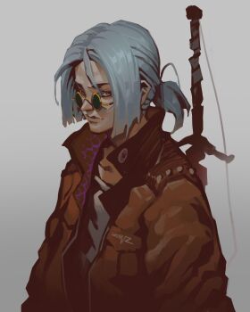 Rule 34 | absurdres, highres, jacket, looking at viewer, open clothes, open jacket, original, shirt, sunglasses, sword, sword on back, weapon, weapon on back, white background, white hair, white shirt, zhoumo fangjia