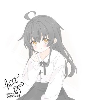 Rule 34 | ahoge, alternate costume, black hair, black skirt, chame (myyo04), collarbone, commentary request, dated, dress shirt, kantai collection, long hair, long sleeves, looking at viewer, mikazuki (kancolle), shirt, signature, skirt, upper body, white background, white shirt, yellow eyes
