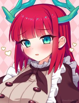 Rule 34 | 1girl, apron, blue eyes, blush, breasts, buttons, checkered background, commentary request, double-breasted, duel monster, frilled apron, frills, highres, kaiba tomoyuki, kitchen dragonmaid, large breasts, long hair, looking at viewer, open mouth, puffy sleeves, red hair, solo, twitter username, upper body, very long hair, white apron, yu-gi-oh!