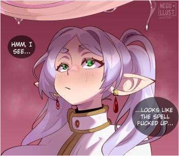 1girl breasts dress earrings elf english_text female_focus frieren green_eyes highres jewelry large_breasts long_hair looking_up negullust pointy_ears solo sousou_no_frieren twintails white_dress white_hair