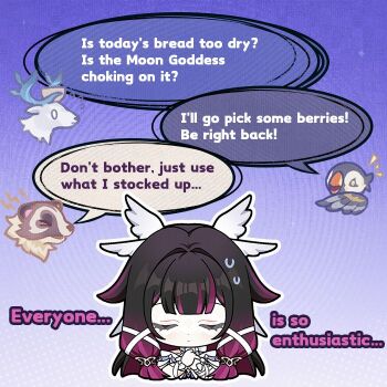 1girl animal badger bird black_hair chibi closed_eyes closed_mouth columbina_(genshin_impact) commentary deer english_commentary english_text eye_mask feathered_wings genshin_impact hair_ornament head_wings long_hair mask multicolored_hair official_art pink_hair speech_bubble streaked_hair two-tone_hair white_mask white_wings wings x-shaped_eyewear
