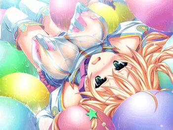 animated animated_gif balloon bare_shoulders blush breasts dress green_eyes hand_under_clothes henshin! henshin_3 large_breasts living_clothes lying moaning nipple_stimulation nipple_tweak nipples orange_hair see-through_clothes see-through_shirt wet wet_clothes