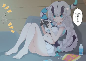 1girl bare_arms bare_legs blue_eyes blue_hair blue_necktie blush breasts chips_(food) collared_shirt controller crop_top crumbs etobiuo food food_in_mouth game_controller gradient_hair grey_hair grey_hoodie hair_between_eyes highres hood hood_down hoodie japari_symbol kemono_friends long_hair medium_breasts midriff multicolored_hair navel necktie pleated_skirt plump shirt sidelocks sitting skirt sleeveless snake_girl snake_print snake_tail solo tail titanoboa_(kemono_friends) translation_request white_shirt white_skirt
