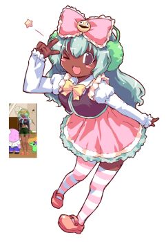 &gt;_o 2000s_(style) alternate_costume aqua_hair blush_stickers bow dark-skinned_female dark_skin dolly_dimpley drawpile_(medium) full_body hair_bow long_hair negiwave2000 one_eye_closed puffy_sleeves shirt shoes skirt smile smiling_friends star_(symbol) thighhighs v very_dark_skin white_background