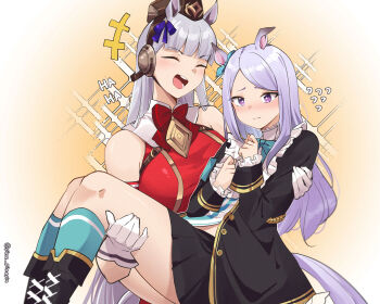 +++ 2girls animal_ears aqua_bow aqua_bowtie aqua_socks artist_name black_boots black_coat black_skirt blunt_bangs boots bow bowtie carrying closed_eyes closed_mouth coat commentary flying_sweatdrops gloves gold_ship_(red_strife)_(umamusume) gold_ship_(umamusume) grey_hair hair_ribbon highres horse_ears horse_girl horse_tail laughing light_blush long_hair mejiro_mcqueen_(frontline_elegance)_(umamusume) mejiro_mcqueen_(umamusume) multiple_girls open_mouth pinepin princess_carry purple_eyes purple_hair purple_ribbon red_bow red_bowtie ribbon skirt sleeveless socks tail umamusume white_gloves