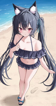 1girl animal_ears beach bikini black_bikini black_sandals blue_archive breasts cleavage highres looking_at_viewer medium_breasts nakaji_(user_snap3353) official_alternate_costume red_eyes sand sandals serika_(blue_archive) serika_(swimsuit)_(blue_archive) solo swimsuit