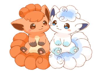 alolan_form alolan_vulpix animal_focus blush brown_fur closed_mouth commentary_request fox gen_1_pokemon gen_7_pokemon mimix multiple_tails nintendo no_humans pokemon pokemon_(creature) pokemon_focus red_fur regional_and_normal simple_background smile tail vulpix white_background white_fur