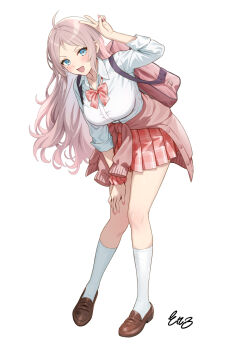 Rule 34 | 1girl, arm up, bag, blue eyes, blush, bow, bowtie, breasts, brown shoes, cardigan, cardigan around waist, clothes around waist, commentary request, hand on own knee, highres, kneehighs, large breasts, leaning forward, loafers, long hair, looking at viewer, love live!, love live! nijigasaki high school idol club, mole, mole under eye, open mouth, pink bag, pink bow, pink bowtie, pink cardigan, pink hair, pink skirt, plaid bow, plaid bowtie, plaid clothes, plaid skirt, pleated skirt, sankuro (agoitei), school bag, school uniform, scrunchie, shoes, simple background, skirt, sleeves rolled up, smile, socks, solo, thighs, v, white background, white socks, wrist scrunchie, zhong lanzhu