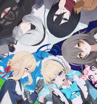 2b_(nier:automata) 5girls absurdres apron black_hair blindfold blonde_hair blue_archive blue_eyes blue_halo bow braid breasts earpiece grey_hair hair_between_eyes hair_ribbon hairband halo highres honkai:_star_rail honkai_(series) ishikawa_yui jacket long_hair long_sleeves maid_apron maid_headdress maji_(majidesu3) mikasa_ackerman mole mole_under_mouth multiple_girls nier:automata nier_(series) paradis_military_uniform red_ribbon ribbon scarf short_hair solo stelle_(honkai:_star_rail) toki_(blue_archive) trailblazer_(honkai:_star_rail) violet_evergarden violet_evergarden_(series) voice_actor_connection white_hair yellow_eyes