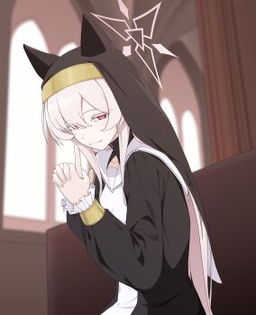 1girl absurdres akira_(blue_archive) alternate_costume animal_ears black_jacket black_veil blue_archive closed_mouth commentary_request dress finger_to_mouth hair_between_eyes halo highres jacket long_hair mandara3a nun own_hands_clasped own_hands_together pink_hair pink_halo red_eyes sailor_collar shushing smile solo veil white_dress white_sailor_collar